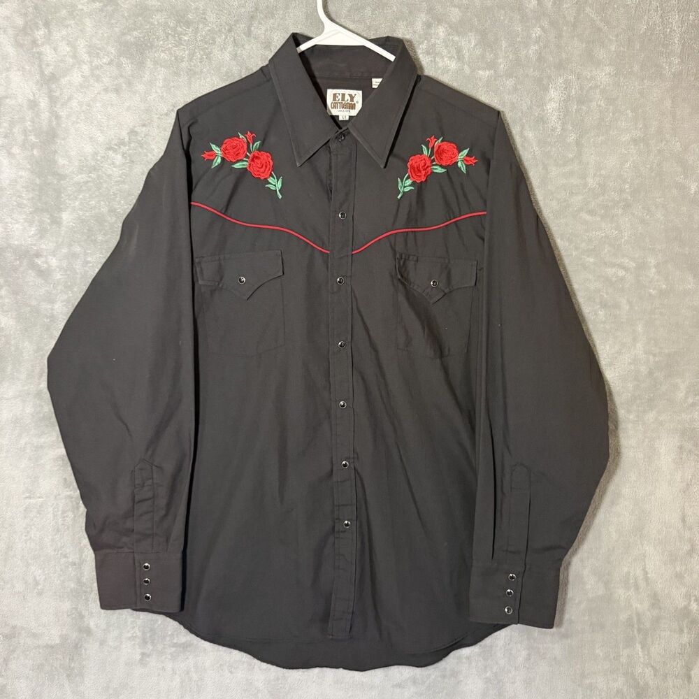 Ely Cattleman Men's XL Black Western Snap Shirt Red Rose Embroidered Long Sleeve